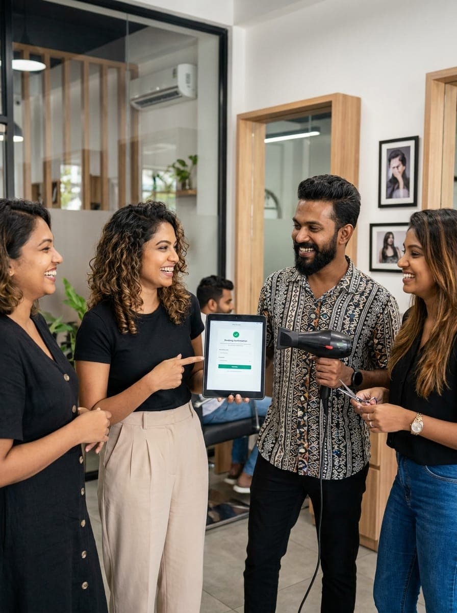 A stylist shows clients a confirmed booking on a tablet while a colleague looks on