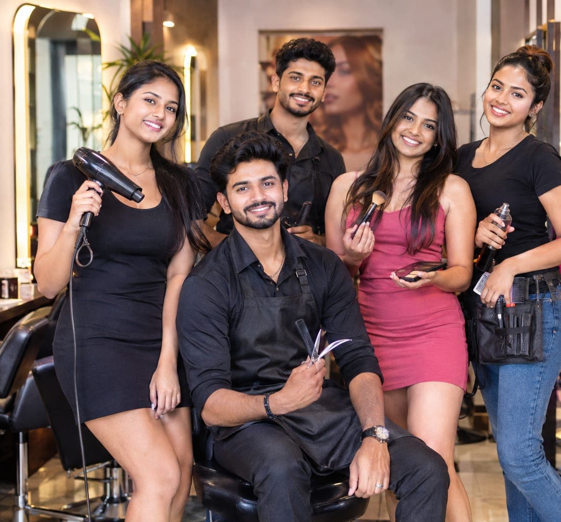A smiling salon team of stylists and makeup artists in their salon