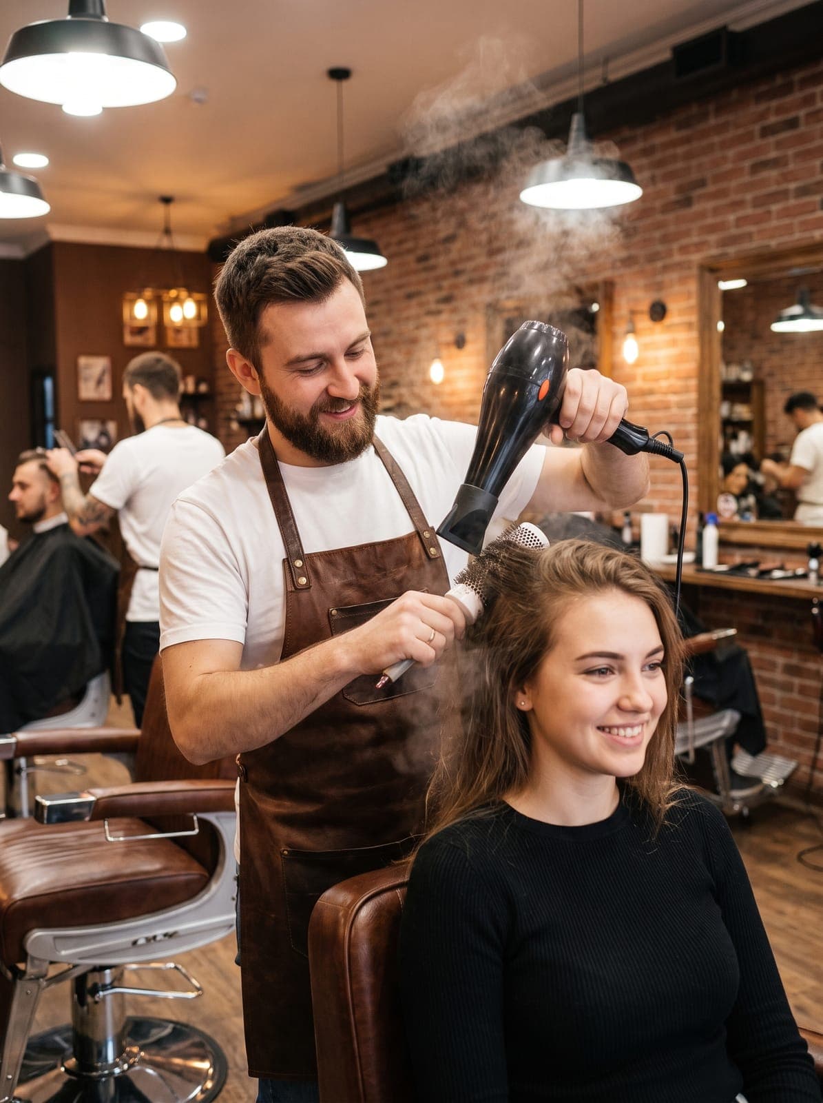 A stylist blow-dries a client's hair in a busy salon